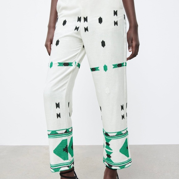 ZARA Embroidered White Linen Pants Size M, NWT - Picture 4 of 9